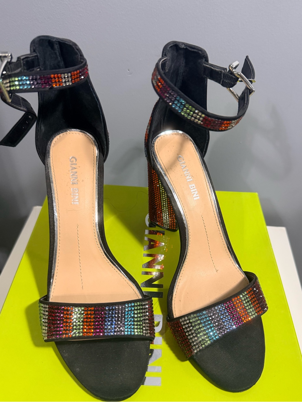 Gianni Bini Black Multi-Color Crystal Ankle Strap Heels Sz 8